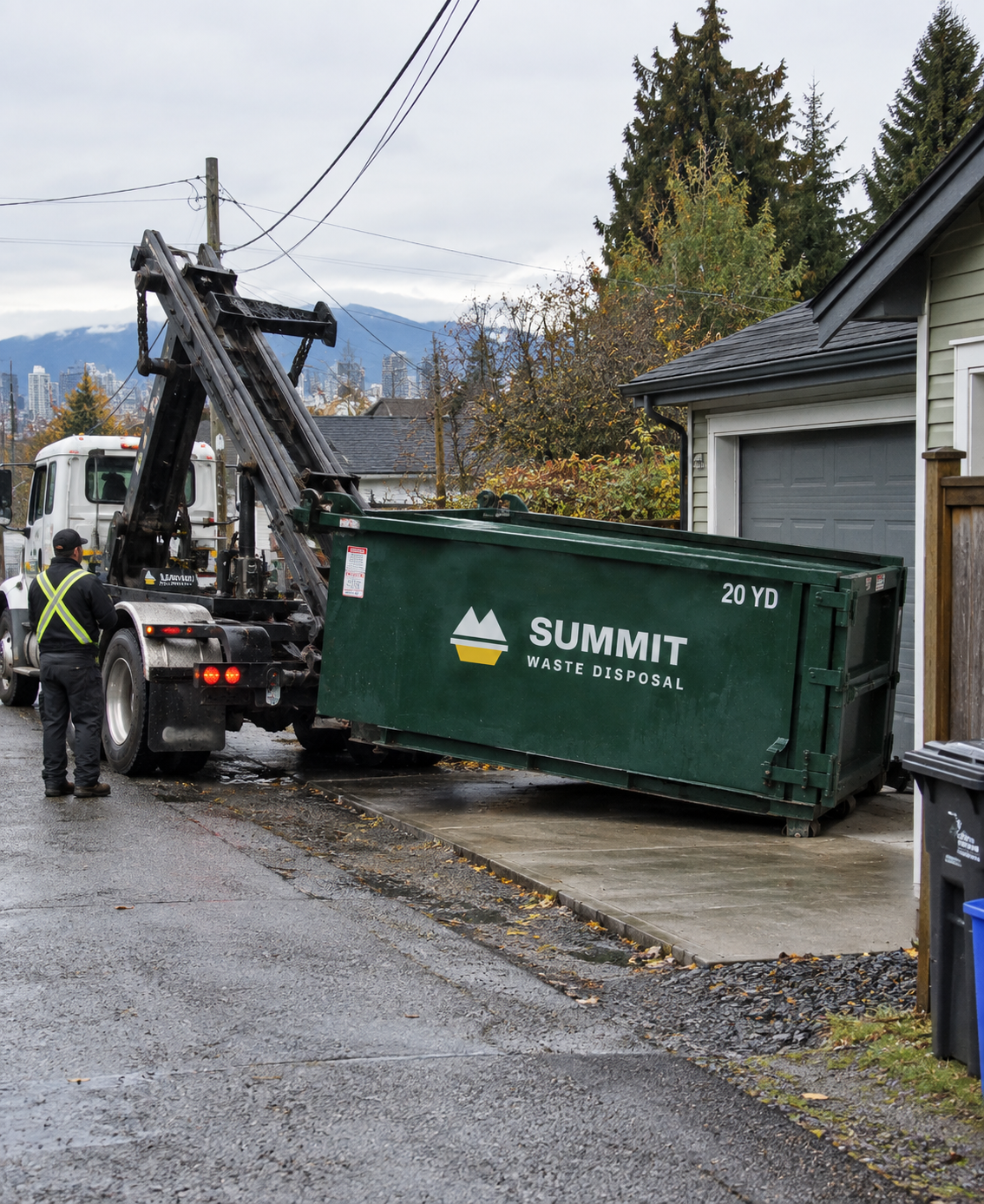 Summit Waste Disposal delivering roll-off bin in Vancouver BC
